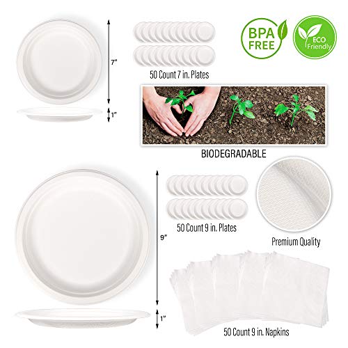 Epiqueone 350 Pc Biodegradable Paper Plate Set - Disposable, Durable Tableware - Compostable Spoons, Forks, Knives, Plates, Straws, Napkins For Parties, Camping - Microwave And Freezer Safe #TOP1