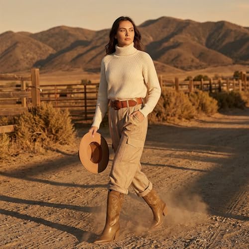 Image of ISNOM Cowboy Boots Cowgir Boots for Women, Pointed Toe Chunky Heel Western Boots