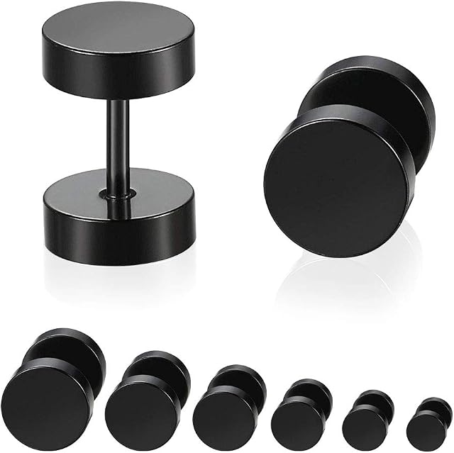 NACAIKJ 6 Pairs Black Stud Earrings Men Earrings Ear Studs Fake Plug Earrings Stainless Steel Stud Ears Barbell Ear Plugs Screw Studs Ear Rings for Men Women Boy Gift 5-10mm