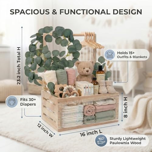 Image of Wooden Baby Shower Crate Closet & Basket with Hanger Rack - Customizable Gift Basket with 2X Alphabet Letter Sets, Eucalyptus, 5 Hangers, Dividers, Nursery Decor Girls Boys (Natural Wood)