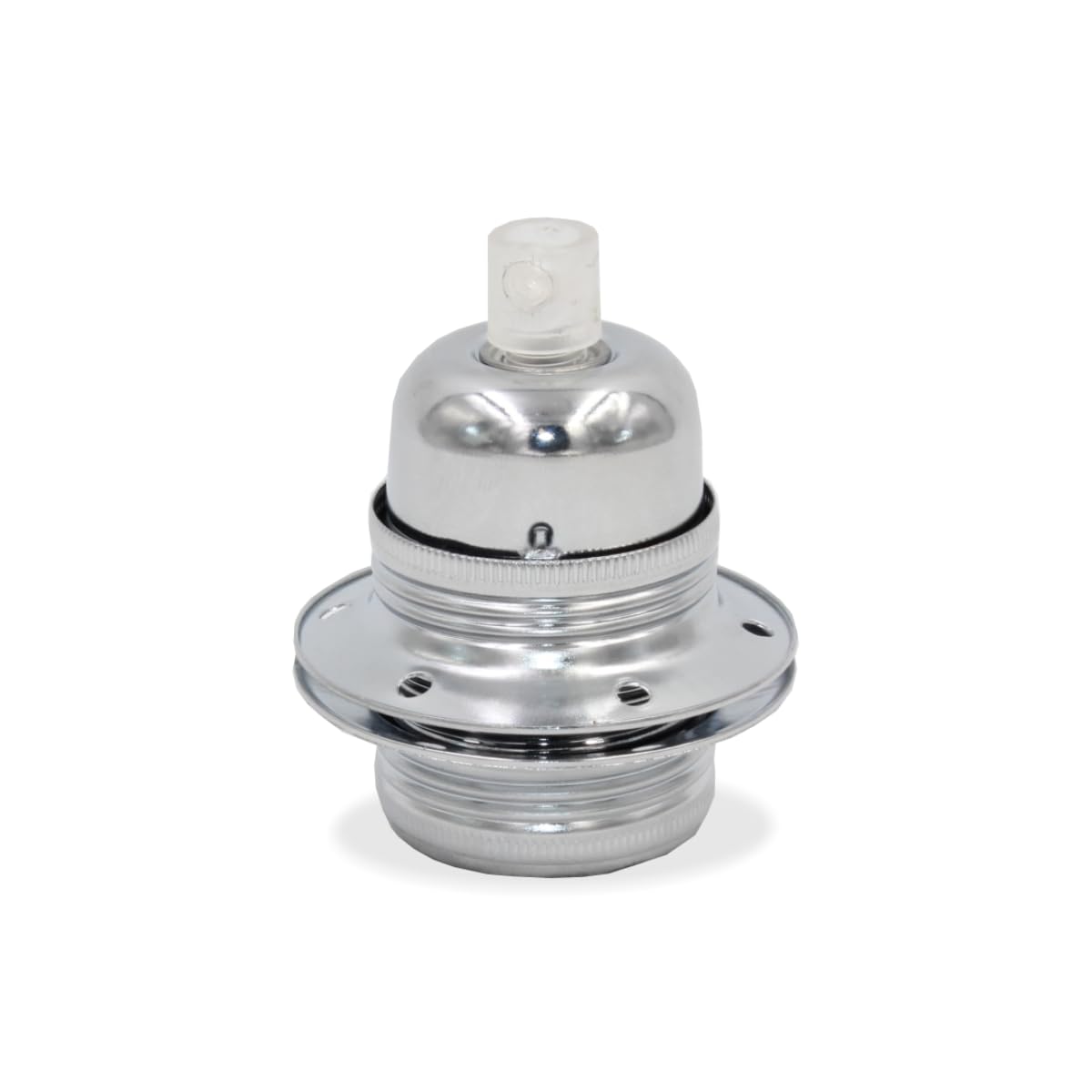 Licht-Zubehoer.de by MLZ E27 Fassung aus Metall, Chrom, E27 Sockel, M10x1 Innengewinde, 250V/4A, 230°C, 56x40mm, Erdklemme, Gefederter Mittelpol, 2 Stellringe, Transparente Zugentlastung