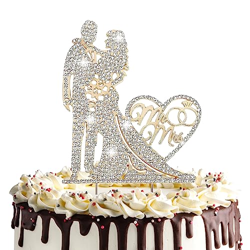 Cake Topper Hochzeits, Torten Topper Hochzeit mit Strass, Mr & Mrs Deko Hochzeit torte, Hochzeitstorte Deko, Cake Topper Hochzeits Personalisiert, Tortenstecker Hochzeitss für Verlobung Party (Gold)