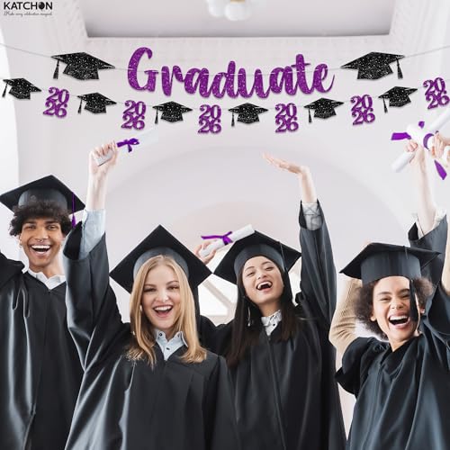 Image of Glitter Purple and Black Graduation Decorations - 10 Feet | Pre- Strung, Congratulations Graduate banner | Black and Purple Graduation Decorations 2026 | Graduation Party Decorations 2026 - KatchOn