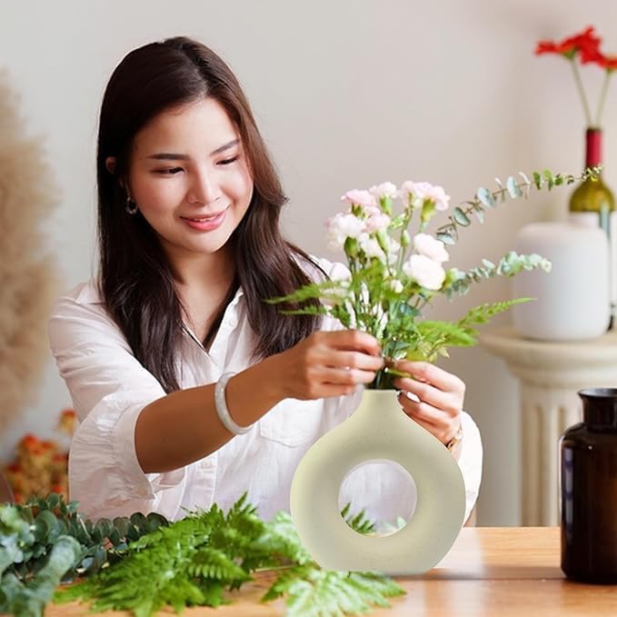 Image of White Donut Vase Hollow Ceramic Vase for Flowers Handmade Minimalist Style Modern Home Decor Round Shape Table Party Living Room Office Bedroom (8 Inch X-Large)