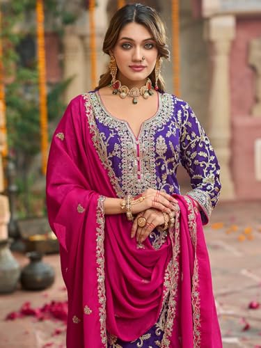 Image of INDO ERA Women's Silk Blend Embroidered Straight Kurta & Pant With Dupatta Set (IEOUT10592)