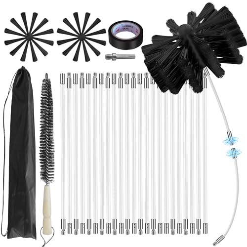 30Feet Chimney Sweep Kit 8 in Brush Head Dryer Vent Cleaner Kit Chimney Sweep&Chimney Cleaning Kit Rotary Chimney Cleaning System for Flue/Fireplace/Sewage Pipe/Hood with 23 Nylon Flexible Rods