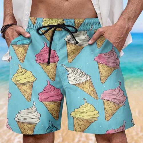Refreshing Mens Swim Trunks - Ice Cream Hawaiian Mens Shorts Casual - Summer Drawstring Beachwear Shorts PA842