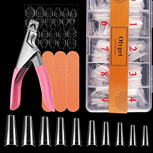 Olyget Coffin Nail Tips Set,500 Pcs Clear Nail Tips With Nail Files,Nail Adhesive Tabs and Nail Clipper(10 Sizes)