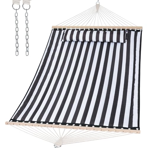 Image of SUNCREAT Double Quilted Hammock with Hardwood Spreader Bar, Extra Large Soft Pillow, Heavy Duty 2 Person Hammock for Indoor, Outdoor, Black Stripes