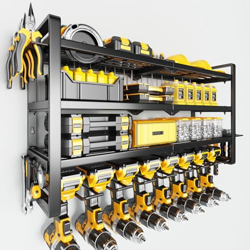 Power Tool Organizer Wall Mount - 150Lbs Load 3 Layers Storage Rack with 7 Drill Holders for Drills Cordless Tools. Heavy Duty Iron Garage Tool Organizer Storage for Workshop Shed Pegboard Basement