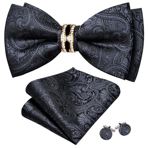 Image of YOHOWA Mens Bow Tie Set Paisley Pre-tied Bowties Adjustable with Handkerchief Cufflinks Gold Ring Set Wedding Prom Party