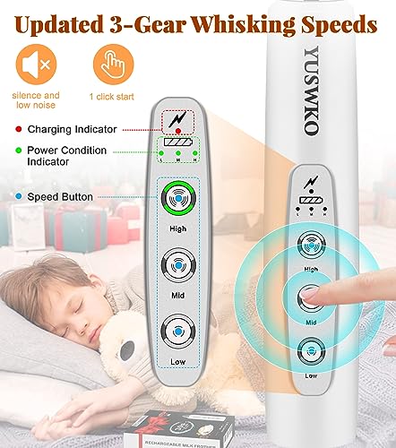 Image of YUSWKO Milk Frother Handheld for Coffee, Rechargeable Drink Mixer with 3 Heads 3 Speeds Electric Coffee Frother Whisk, Gift for Many Occasions and Festival