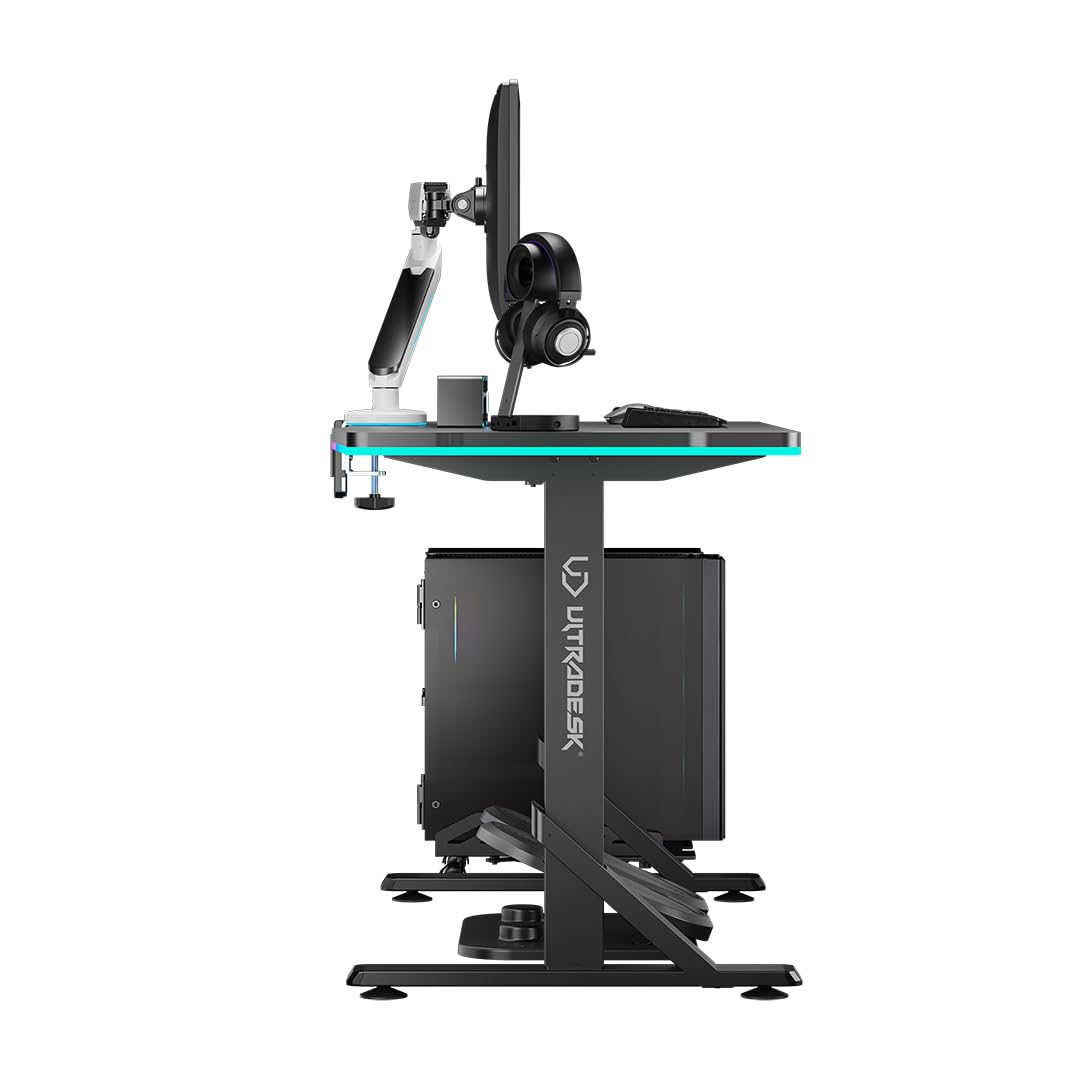 ULTTRADESK - IRON - Scrivania per Cmputer - Scrivania per Monitor da Gioco, Regolabile in Altezza con Retroilluminazione a LED RGB - per 2 Monitor - Grande, Regolabile in Altezza - Nero