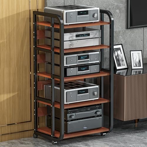 5-Tier Adjustable Audio-Video Media Stand, Revolving Hifi Tower Rack, Wooden Console for Home Theater & Gaming, Stylish Black & Teak Entertainment Center Furniture