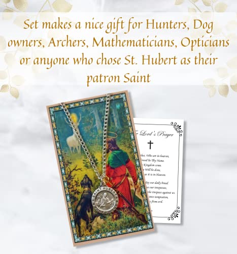 St Hubert Necklace with St Hubert Prayer Card, Lord's Prayer Card | St Hubert Pendant Medal Jewelry | Catholic Patron Saint Of Hunters, Dogs, Archers Themed St Hubert Medallion Set | Total 3 Items2