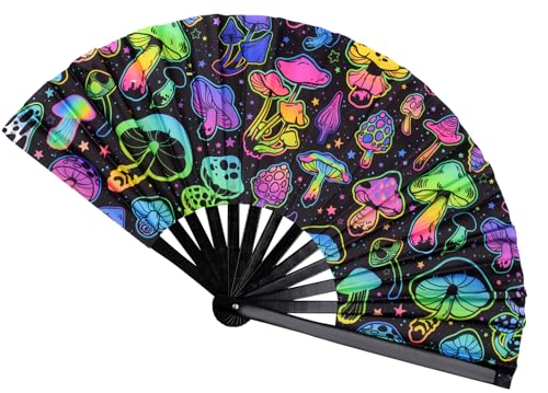 Plzoslly Large UV Glow Rave Fan - Bamboo Folding Fan for Halloween