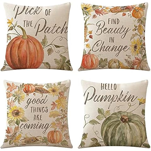 ZYCH Autumn Plaid Pumpkin Cotton Linen Square Throw Pillow Case Cushion Cover 18 x 18 Throw Pillow Covers Set of 4 Cover