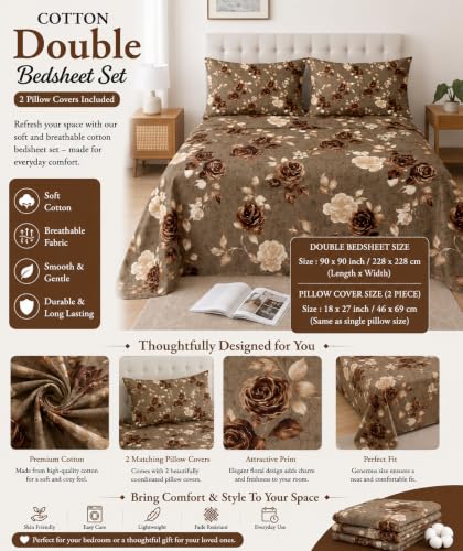 Image of IVAZA 240 TC Soft Ezyption Cotton Floral Print King Size Bedsheet - with 2 Pillow Covers, Hypoallergenic, Brethable, (Size- 90 x 90 Inch) Chocolate Brown