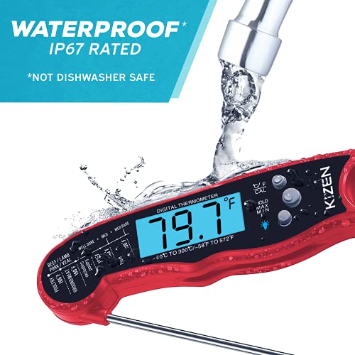Kizen Digital Meat Thermometer With Probe - Instant Read Food Thermometer For Cooking, Grilling, Bbq, Baking, Liquids, Candy, Deep Frying, And More - Red/Black #TOP3