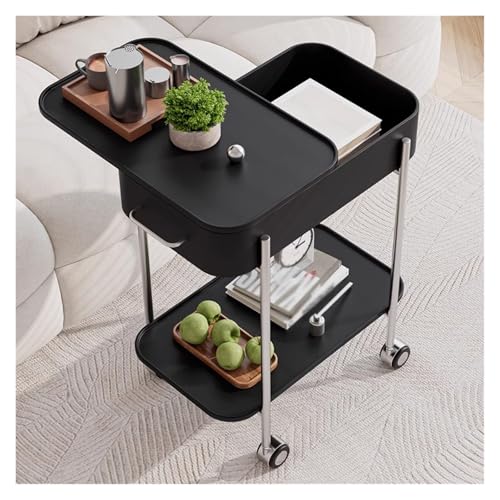 Mesa auxiliar rodante con mesa giratoria para sala de estar, mesas auxiliares estrechas con estantes de almacenamiento, carrito grande para dormitorio, espacio pequeño y hogar (Nero)