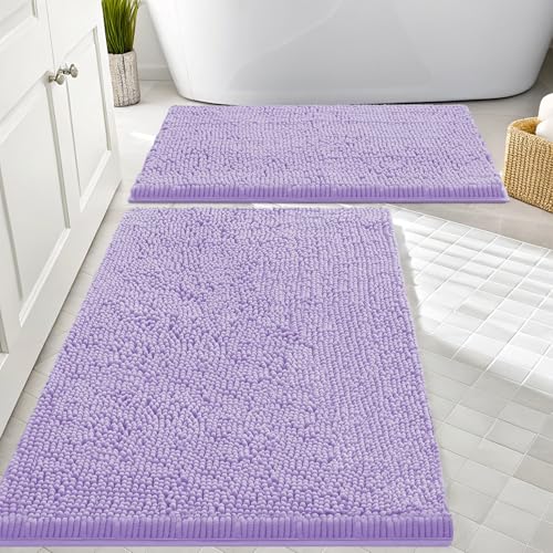 Image of Smiry Bathroom Rugs Sets 2 Piece, Soft Absorbent Chenille Machine Washable Non Slip Shaggy Bath Rug Set for Tub, Shower, and Floor (30x20+24x16, Purple)