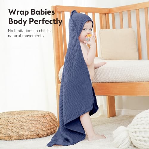 Image of Susurration Hooded Baby Towels for Newborn 2 Pack 100% Muslin Cotton Towel for Babies，Highly Absorbent and Newborn Essential 30x30 Inch Light Blue&Royal Blue