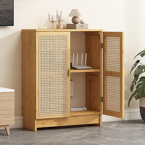 ラタン製WiFiルーター収納ボックス、床置き型ルーター隠し収納キャビネット、電話台、通気性とコード収納機能付き、調節可能な棚付き、組み立てが必要(Beige,80*50cm/31.5*19.7in)