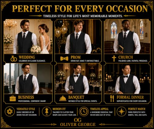 Image of Oliver George 4pc Men's Solid Formal Suit Waistcoat Tuxedo Dress Vest Necktie Bowtie Handkerchief Set for Suit or Tuxedo