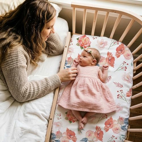 Image of Gllquen Baby Bedside Sleeper Bassinet Sheets 33x20 Inch 4 Pack Girl Boy | Soft OEKO-TEX Certified Bassinet Crib Sheet, Compatible with Baby Delight, Newton Rectangle Bassinet Mattress, Floral Reverie