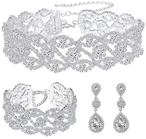 Women Rhinestone Crystal Wedding Bridal Choker Necklace Earrings Bracelet Jewelry Sets