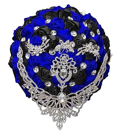 Handmade Luxury Wedding Bridal Bouquet Large Silk Rose Holding Toss Artificial Flowers Bouquets with Satin Ribbon Pearls Rhinestone for Bride Vintage Royal Wedding Bouquet (Royal Blue + Black)
