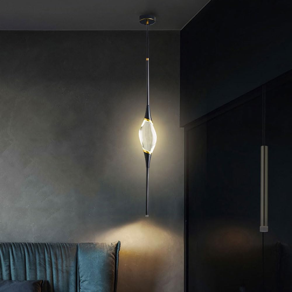 WLBHWL Modern Kitchen Island LED Modern Black/Gold Linear Pendant Light, Bedroom Bedside Table Small Pendant Light All Copper + Crystal Lamp Body 3W LED Decorative Chandelier