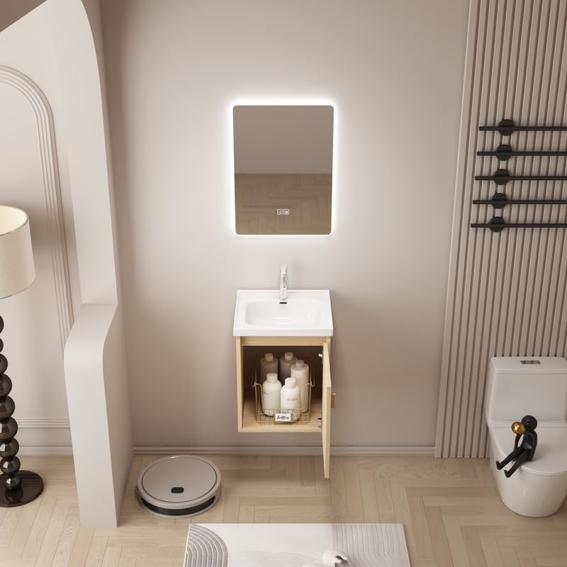 Miniatura 7 de Tocador de baño pequeño de 16 pulgadas montado en la pared, tocador de baño pequeño con fregadero de cerámica, tocador de baño moderno con cajones