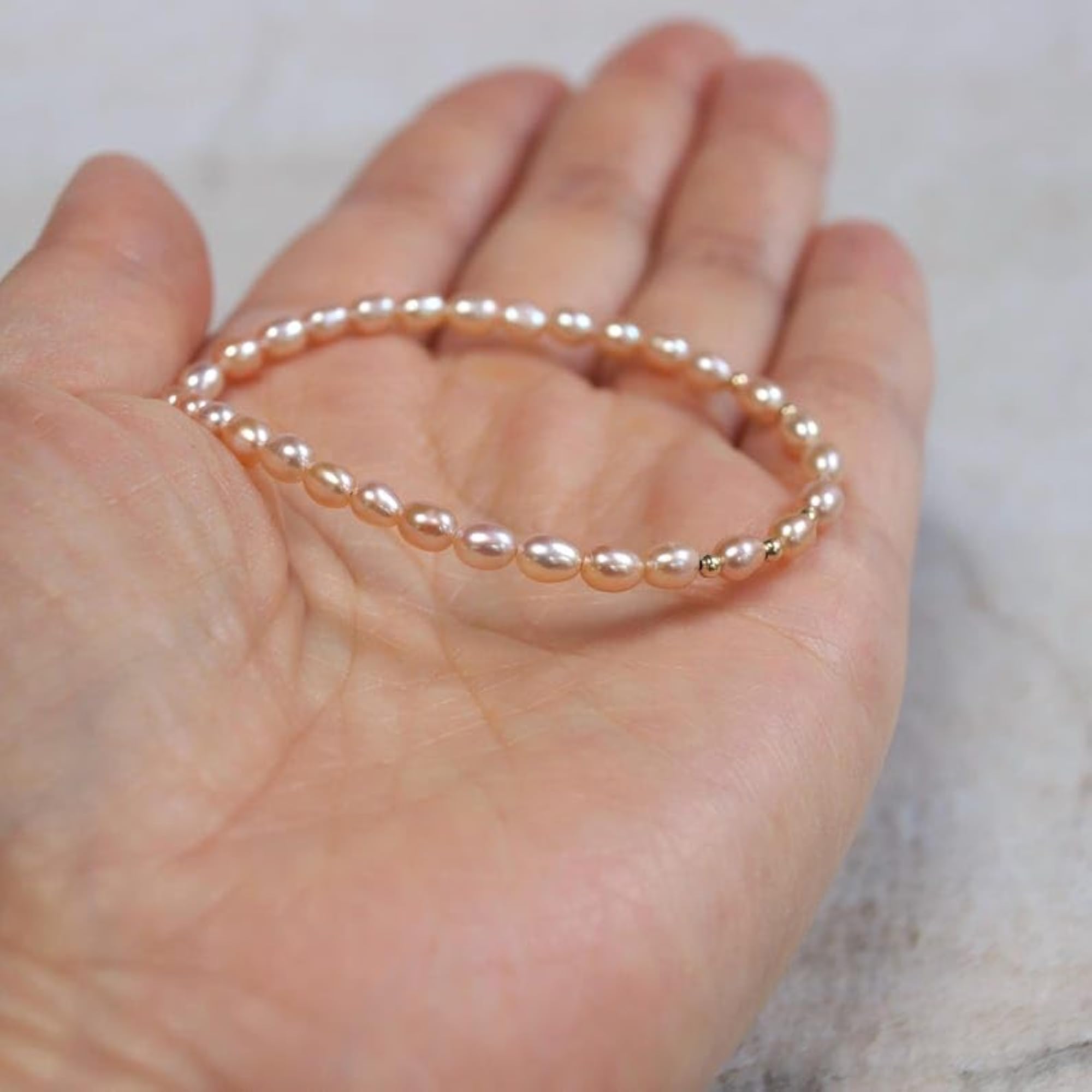 Pink Pearl Oval Beaded Bracelet with Gold Lock, Adjustable