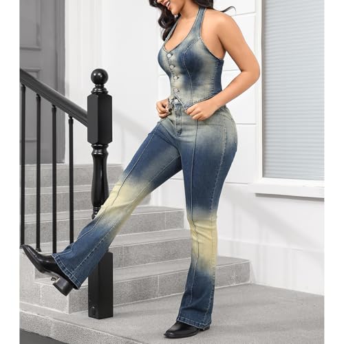 ECHOINE Women Two Piece Denim Set Sexy Cropped Button Down Tank Top and Flared Jeans Vintage 2 Piece Outfits2