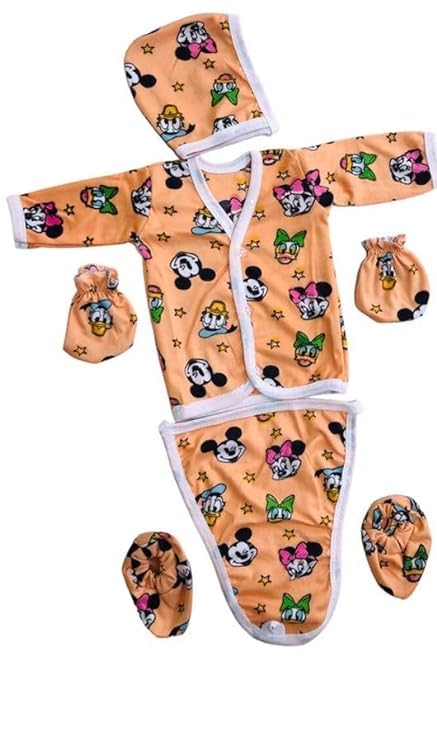 Nikzo New Born Baby 5 piece Clothing Set with 1 front open Jhabla | 1 Nappie | 1 Cap | 1 Set Mitten | 1 Set Socks