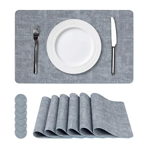 Vinyl Placemats Set of 6, Faux Leather Waterproof and Heat Resistant Place Mats, Washable Anti-Slip Table Mats with Coaster, Wipeable Placemats for Indoor & Outdoor 17" x 12" (Light Blue, Set of 6) by NCUE - Used condition - US$13.88