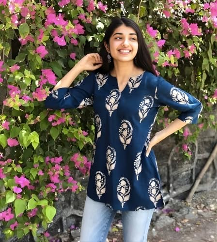 Image of Women's Short Kurti in TopsTunic Rayon Cotton Blend | Ladies Ethnic Tunic