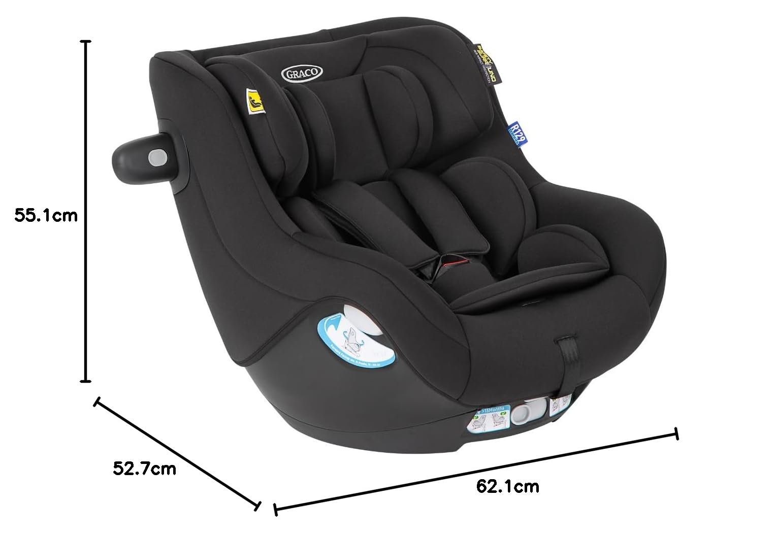 Graco SnugGo i-Size R129, siège auto rotatif à 360° ISOFIX, de 40 à 105 cm (de la naissance jusqu'à environ 4 ans), harnais à 5 points et position allongée, barre anti-rebond, noir, Midnight