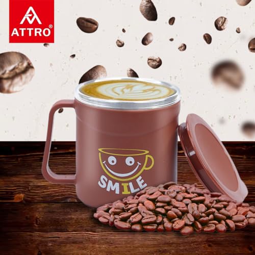 Image of ATTRO Happy Mug Set of 6-Comes with Double Wall Inner Stainless Still & Lid Stylish Cup Ideal for Hot Coffee, Tea - 300ml-Red
