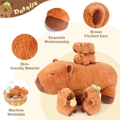 5-in-1 Capybara Stuffed Animals with Babies Inside, 5Pcs Set Capybara Plush with Mommy & 4 Babies, Soft Pillow Plushies Decor, Cute 3 to 8 Year Old Girl Gift, Imaginative Play Toy (Capibara)