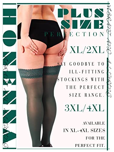 Image of HONENNA Plus Size Thigh High Stockings, Semi Sheer Stay Up Lingerie Lace Top Pantyhose for Curvy Women