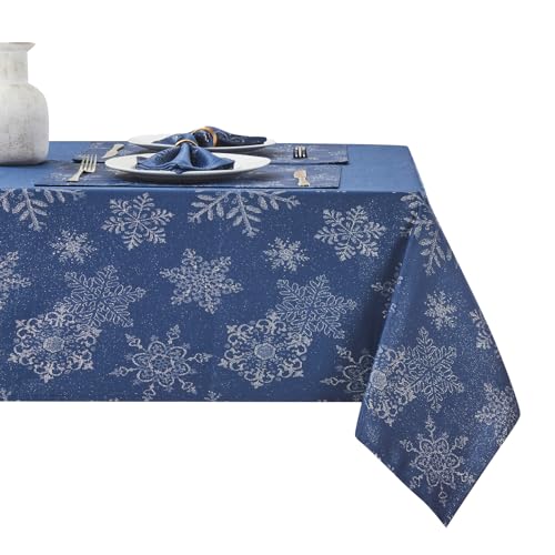 Rectangle Fancy Metallic Sparkling Snowflake Christmas Fabric Table Cloth red Hunter Gold Navy White Silver No-Iron Soil Resistant Woven Holiday Table Cover(Navy Silver/52x70Inch)