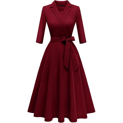 Meetjen Women's V-Neck Formal Dresses 3/4 Sleeve Modest Church Fit and Flare Cocktail Dress for Wedding Guest
