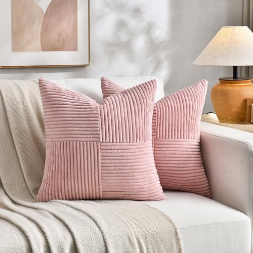 Image of Fancy Homi 2 Packs Blush Pink Samll Decorative Throw Pillow Covers 14x14 Inch with for Couch Bed Sofa, Rustic Farmhouse Boho Home Decor, Soft Corss Patchwork Corduroy Square Cushion Case 35x35 cm