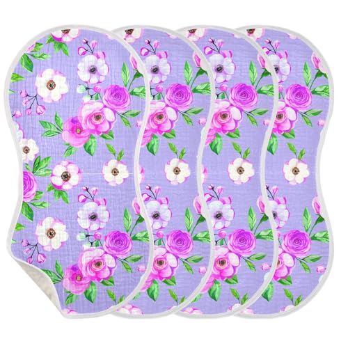 Pink Watercolor Blooms Muslin Baby Burp Cloths - Super Absorbent and Soft Burping Rags - Cotton Burp Clothes Set for Boys and Girls, 4 Pack