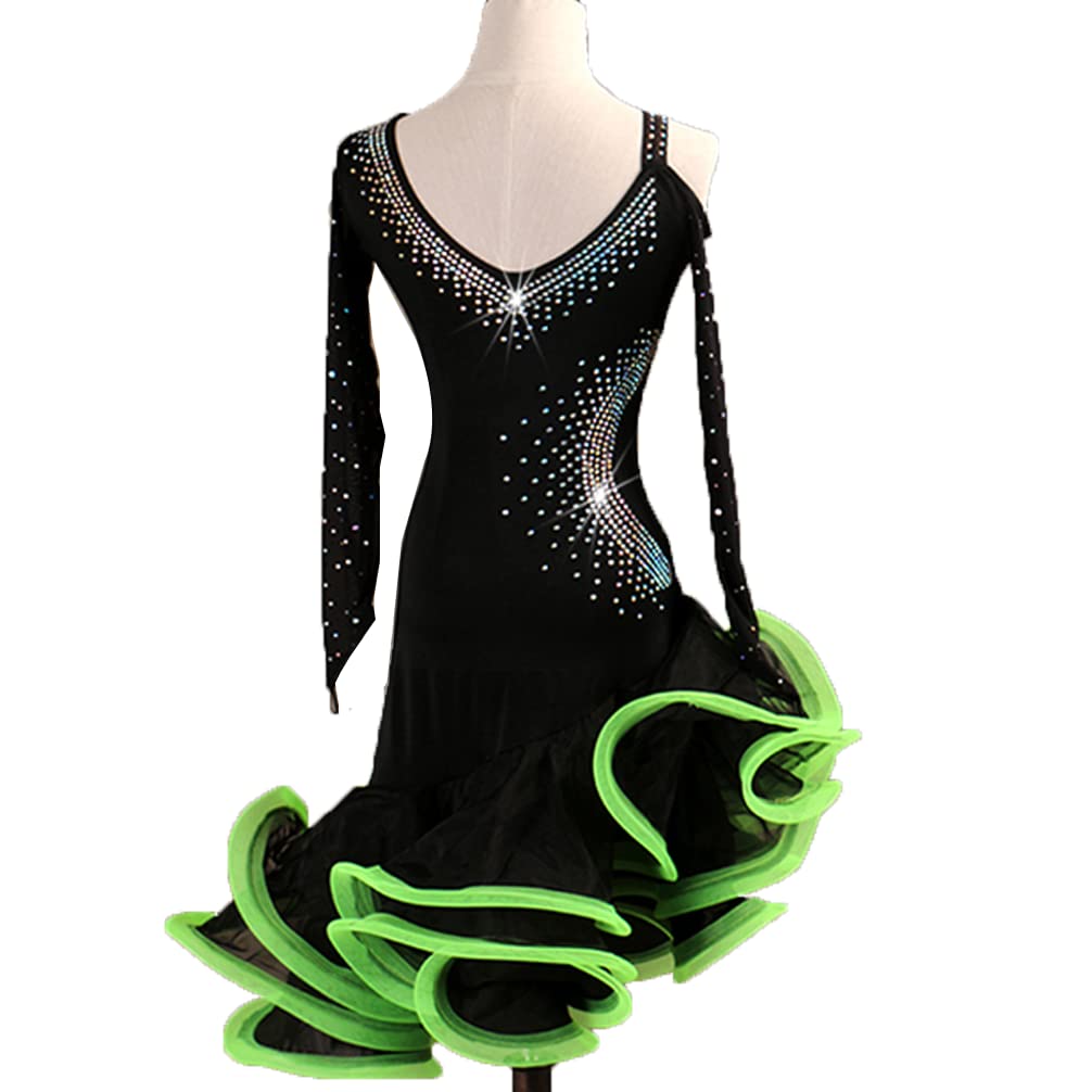 Women's Latin Dance Performance Dresses Rhinestones Cha Cha Skirt Ballroom Competition Dance Dress Costume for Rumba,Green,XXL
