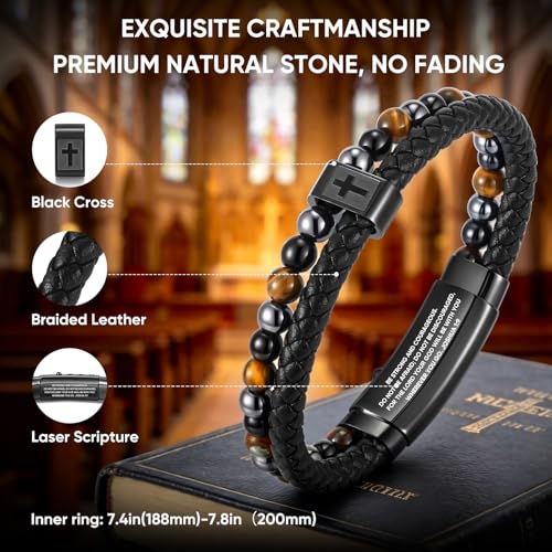Fathers Day Cross Bracelet Gifts for Men Him - Triple Protection Healing Hematite Black Obsidian Tiger Eye Beaded Rosary Bracelets, Faith Religious Catholic Christian Communion Gift, Joshua 1:9 by FLHEART - Used condition - Image 4