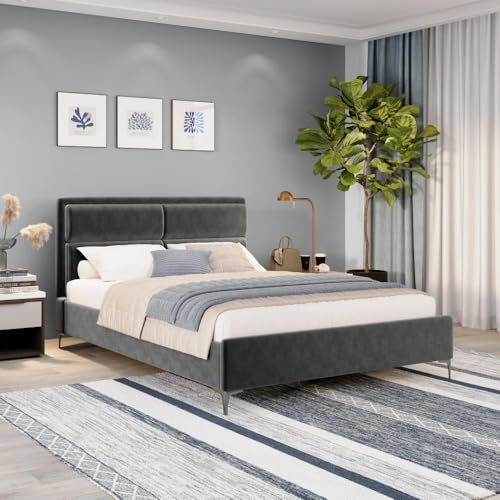 Image of Wakefit Bed | Queen (78 X 60) Solid Wood Bed, Upholstered, Without Storage, 3 Year Warranty - Zewail - Velvet Space Grey