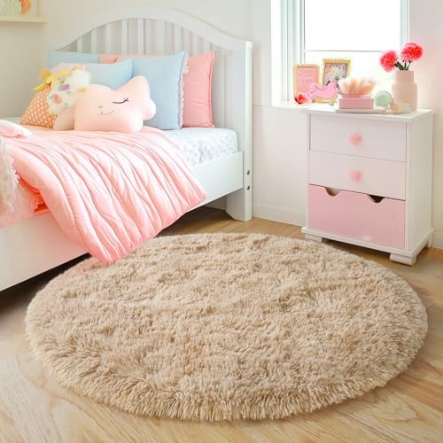 5'x5' Beige Round Rug for Bedroom, Ultra Soft Fluffy Circle Rug for Kids Girls Boys Room, Cute Shag Rugs for Living Room Playroom Tent Castle Home Decor Rug